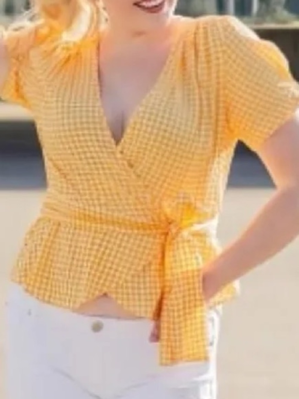 Max Studio Yellow Gingham Wrap Peplum Tie Waist Blouse Top Size M